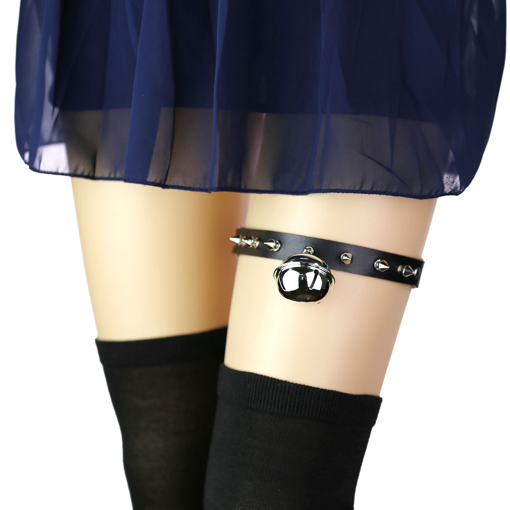 日韩原宿软妹个性铆钉尖钉吊大铃铛腿环哥特朋克皮质弹力吊袜带