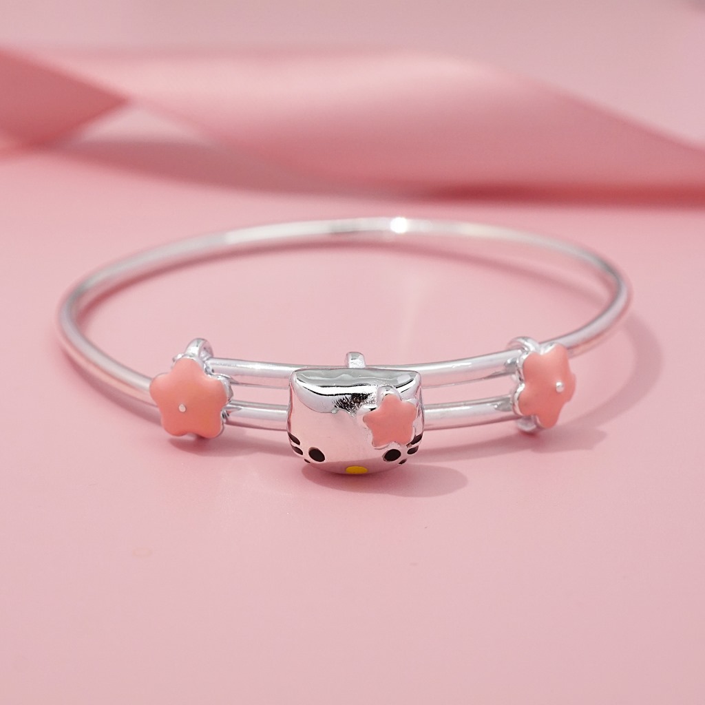 足银粉色花朵kt猫宝宝手镯生日礼物小孩银手镯
