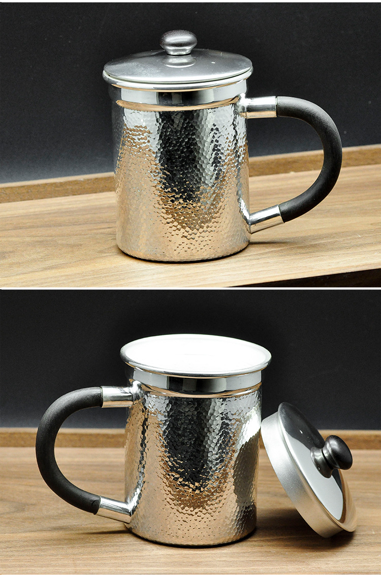 银薇妮 s999足银镜面锤纹银杯子大容量马克杯咖啡杯纯银茶杯水杯
