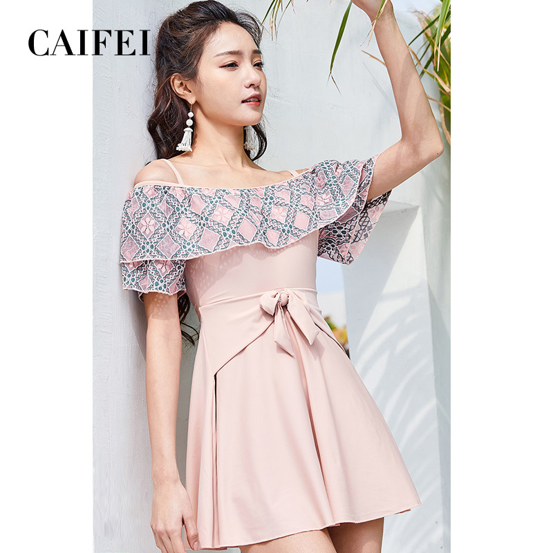 采菲 泳衣女韩版保守遮肚显瘦少女温泉露背连体裙游泳衣-阿里巴巴