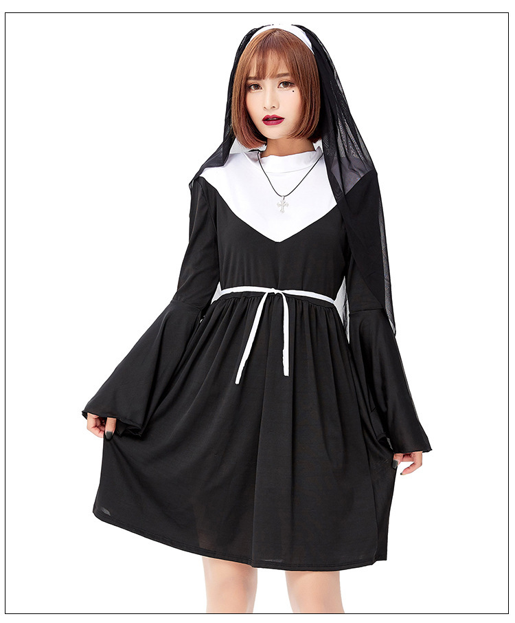 万圣节修女服 2020新款成人唱诗班黑色修女裙cosplay派对服游戏服