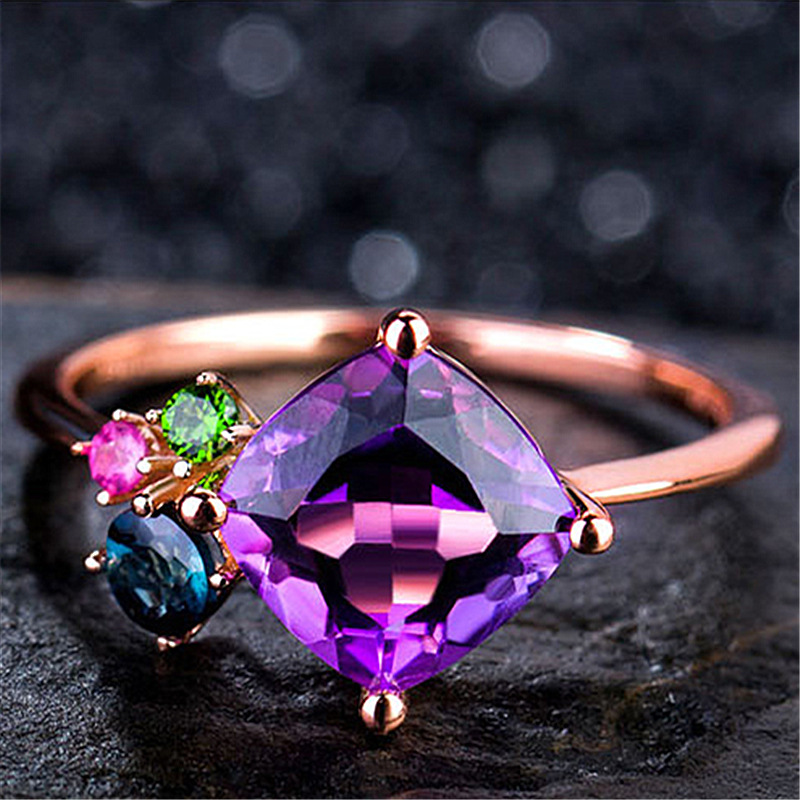日韩版创意紫水晶紫钻石彩宝多色戒指批发开口森系文艺彩钻戒指女