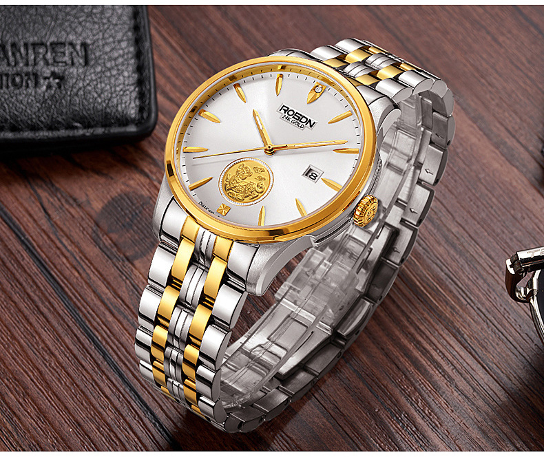 劳士顿情侣表时尚潮流防水钢带日历18k镀金表自动机械表2163