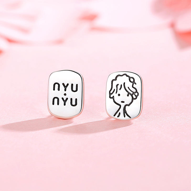 925纯银小王子耳钉女爆款百搭流行ins简笔画英文男孩子头像耳饰品