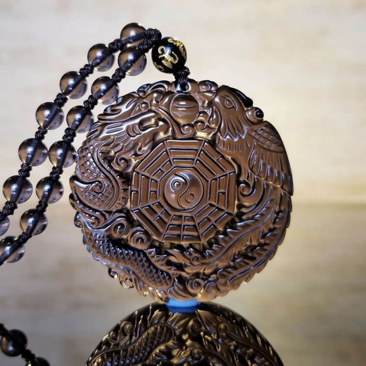批发天然冰种黑曜石龙凤八卦吊坠 男女款饰品 毛衣链情侣坠中国风