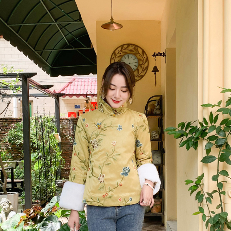 2024秋冬款短款袖毛棉衣中国风女装复古刺绣改良旗袍上衣中式夹棉