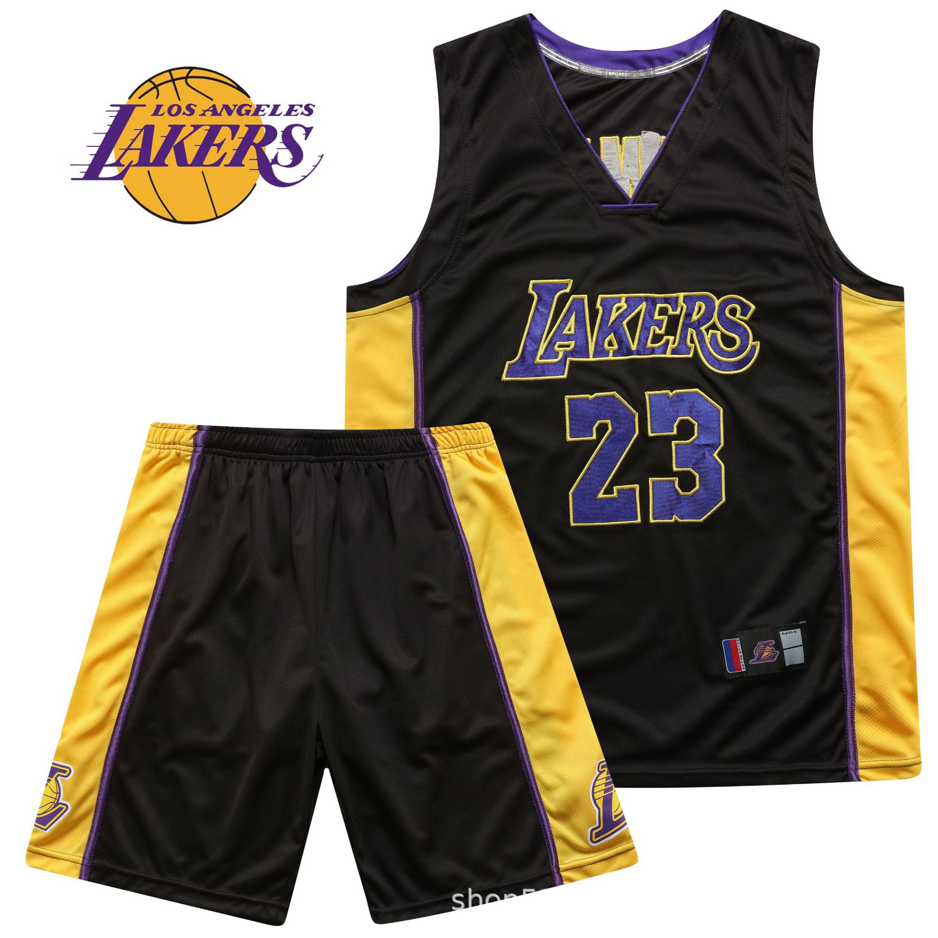 湖人队詹姆斯v领高密度刺绣球衣黄色紫色白色黑色篮球服套装男