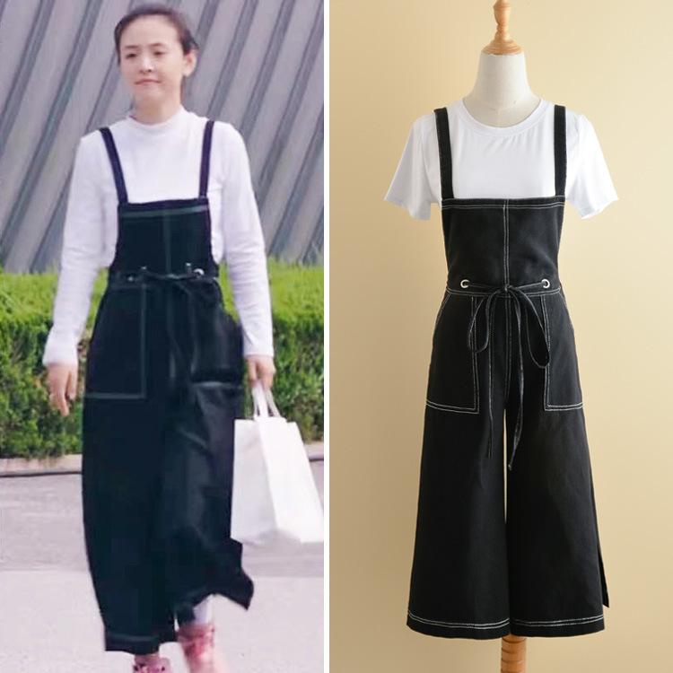 冰糖炖雪梨吴倩棠雪同款衣服女复古休闲黑色宽松背带牛仔连体裤潮
