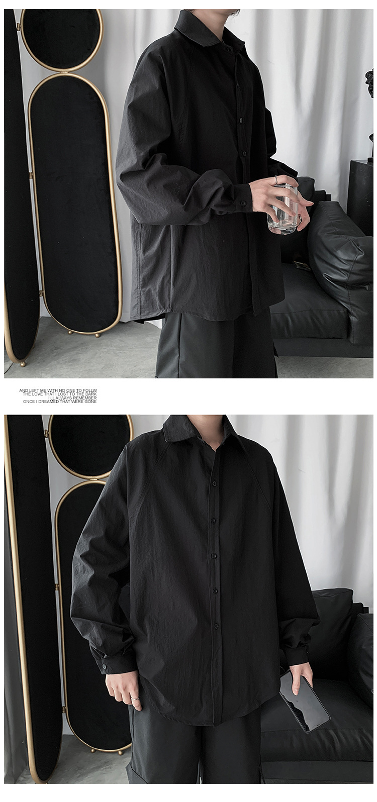 黑衣先生 滑面料纯色衬衫男oversized宽松长袖简约暗黑慵懒风衬衣