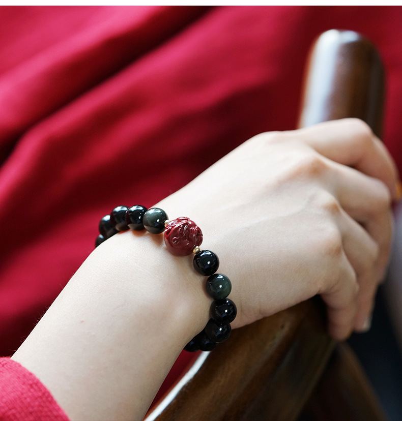 高端黑曜石朱砂十二生肖手链男女本命年属鼠转运手串情侣水晶首饰