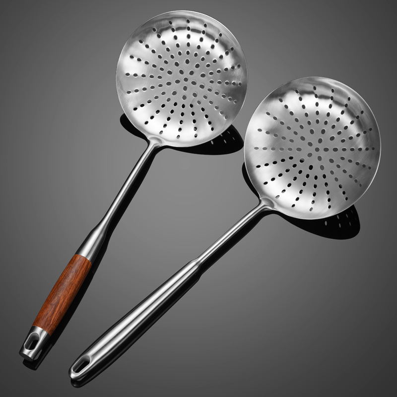 批发304不锈钢大漏勺304 花梨木过滤捞面勺大号加厚油炸大捞勺