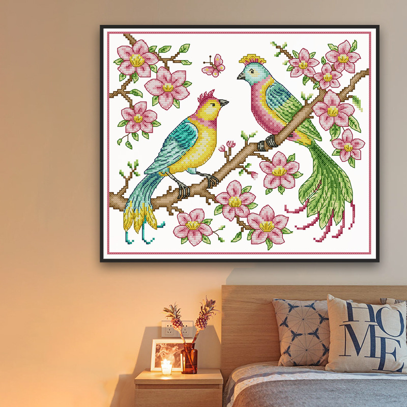 欢乐99十字绣温馨卧室浪漫爱情鸟田园风格自己绣艺品刺绣装饰画