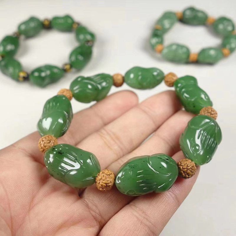 温润斋天然和田玉俄料碧玉玉石呱呱来财手链玉器青蛙手串送证书