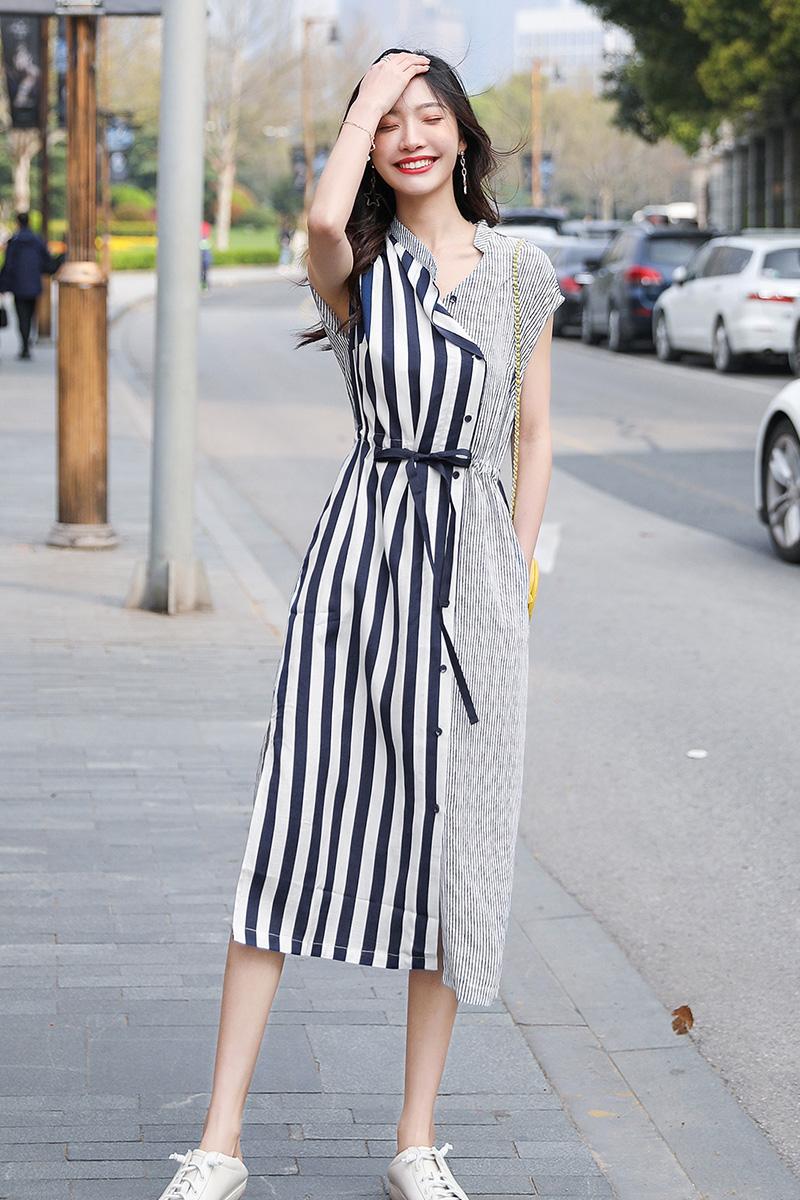 条纹棉麻连衣裙2020新款夏天流行女装气质收腰显瘦中长款衬衫裙子