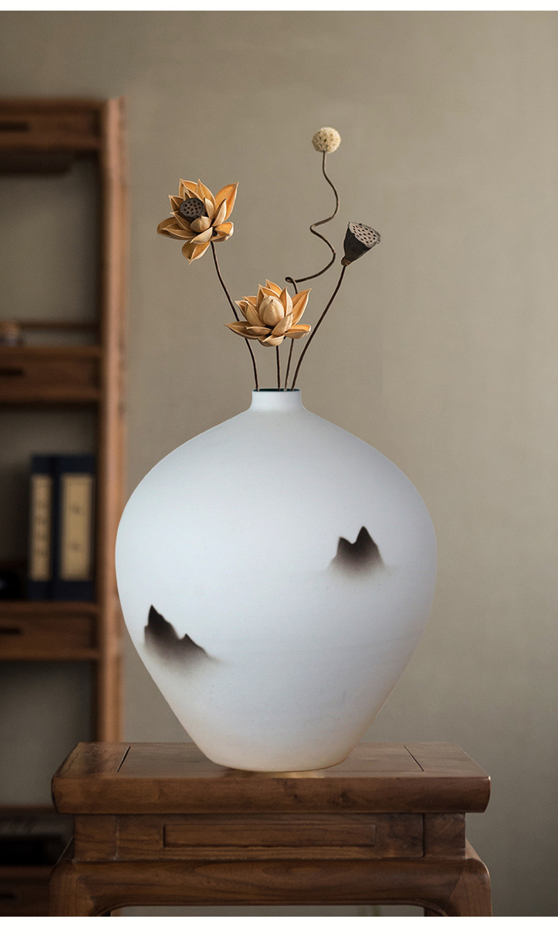 景德镇茶室禅意陶罐陶瓷花瓶摆件素烧手绘水墨陶艺素陶白瓷插花器