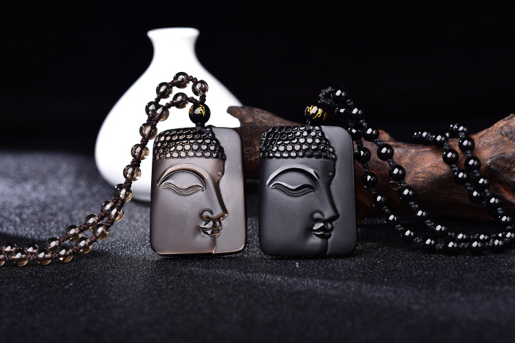 龙马珠宝天然黑曜石吊坠 冰种黑曜石半面佛 磨砂黑曜石半面佛