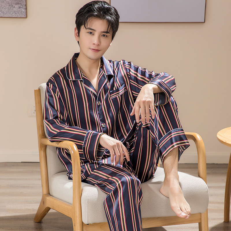 春秋款条纹印花男士翻领睡衣外穿长袖长裤家居服韩版桑蚕丝睡衣男
