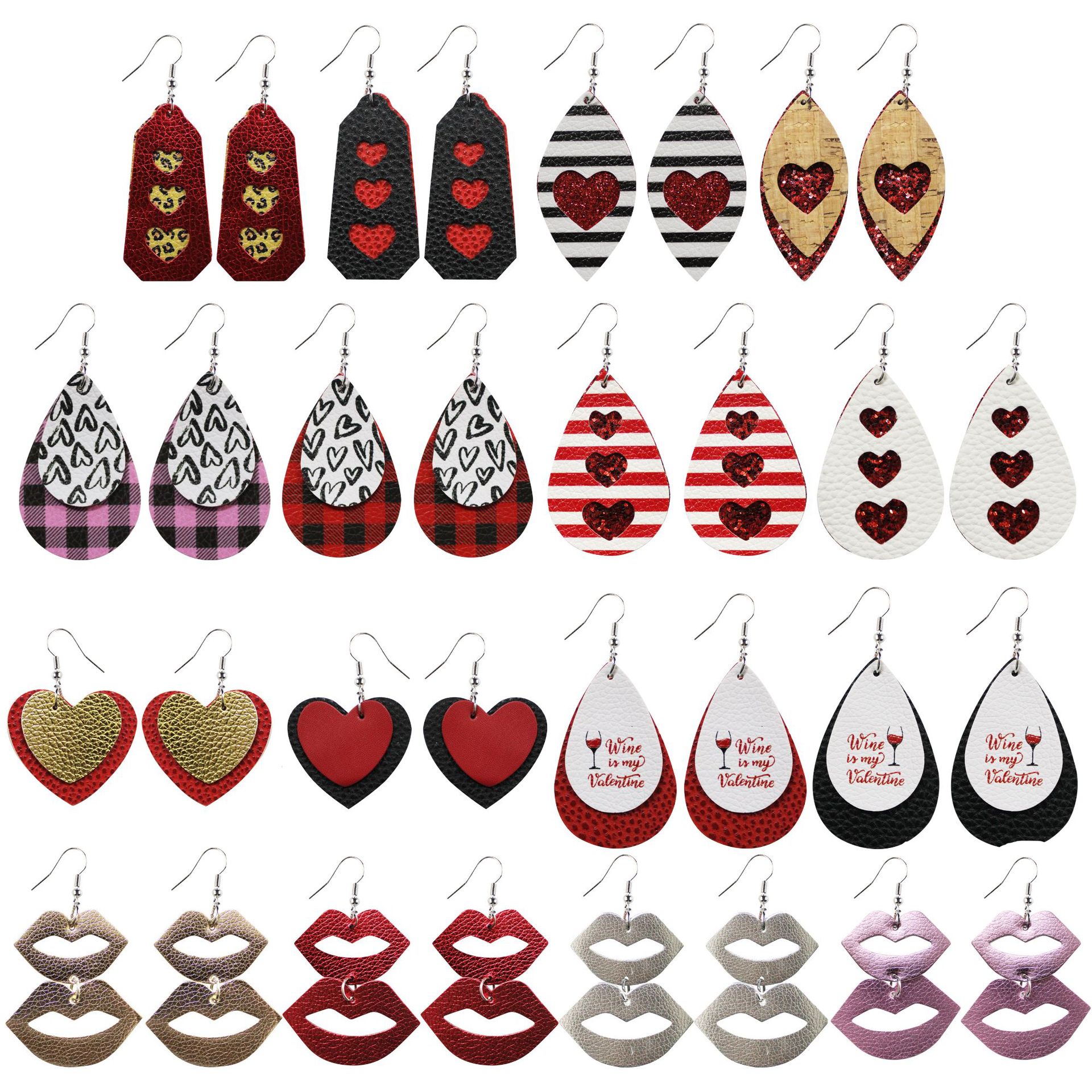 Valentine's Day Love Red Lip Leather Earrings Double-Layer Water Drop Peach Heart Sequins Plaid Lychee Pattern Cross-Border Amazon