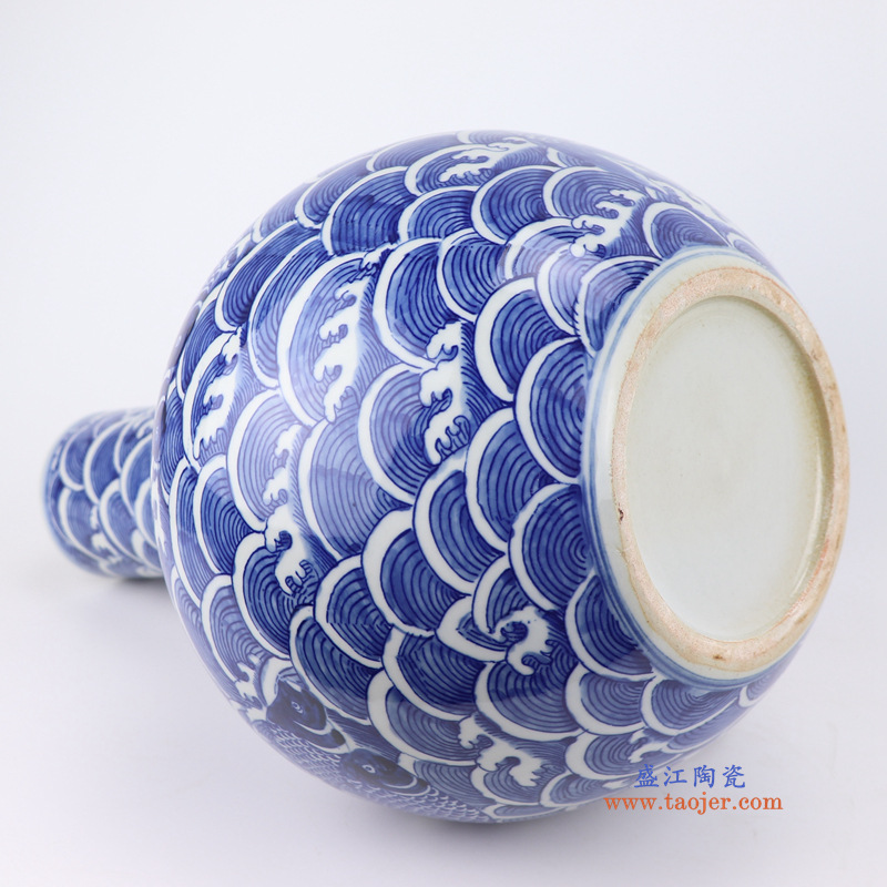 景德镇陶瓷青花瓷天球瓶海水鱼纹海浪纹花瓶家居装饰品客厅摆件