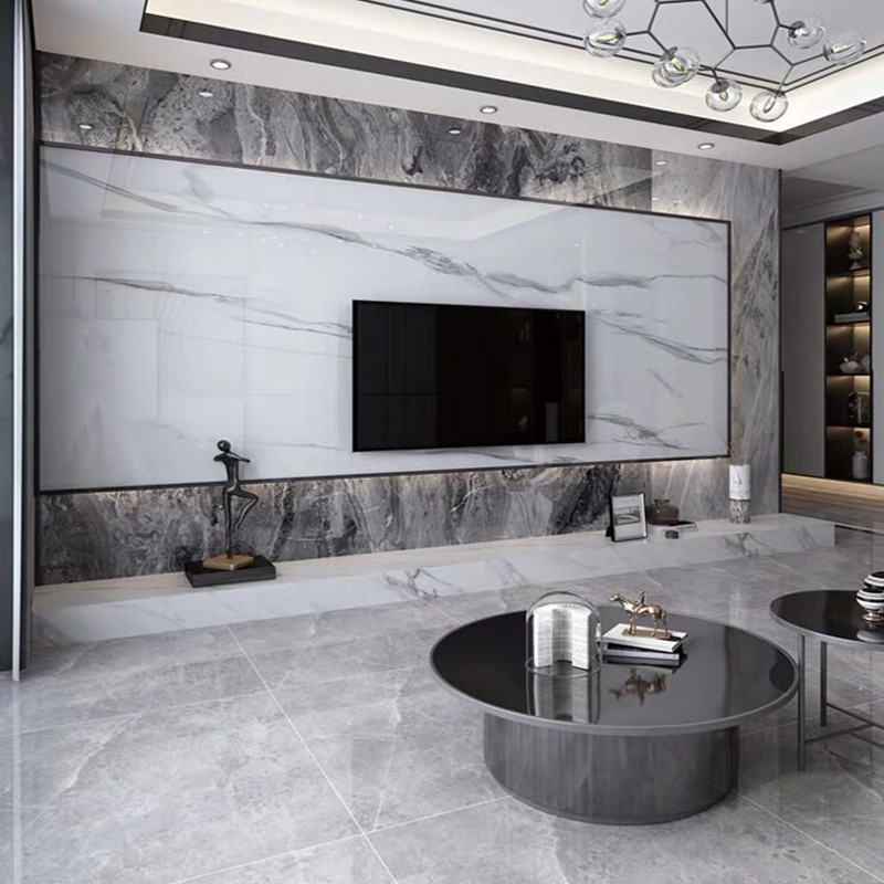 现代简约客厅大理石电视背景墙瓷砖轻奢渗墨大板石材影视墙装饰条