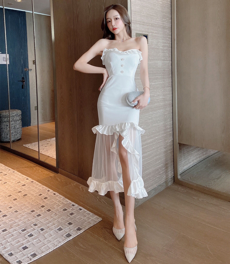 2365夜店性感一字领低胸露背网纱蓬蓬伴娘小礼服敬酒服抹胸连衣裙