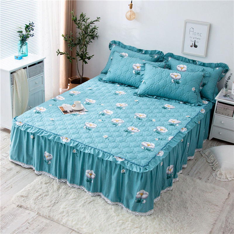 纯棉夹棉加厚床罩床套防滑床裙式单件全棉保护防尘花边公主5床单1