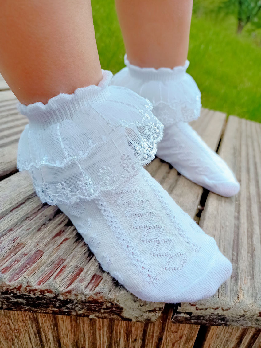 儿童花边袜女童舞蹈花边袜子透气网眼公主袜双层蕾丝宝宝袜白色夏