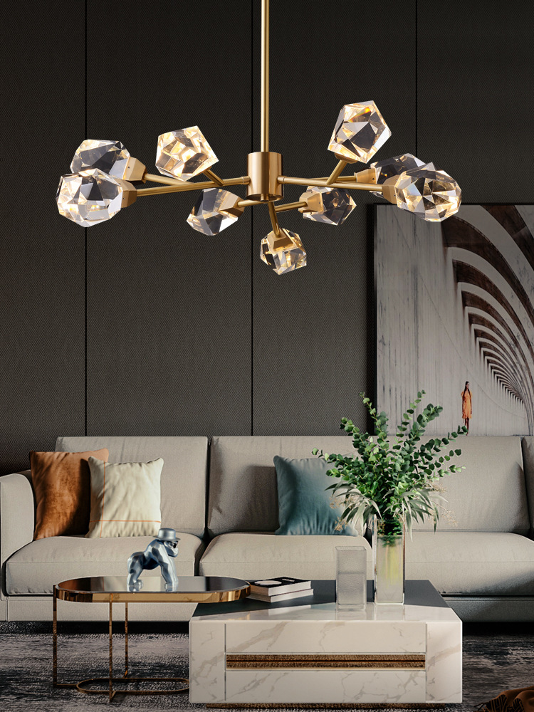 全铜后现代轻奢水晶吊灯简约北欧客厅分子灯餐厅卧室网红钻石灯具