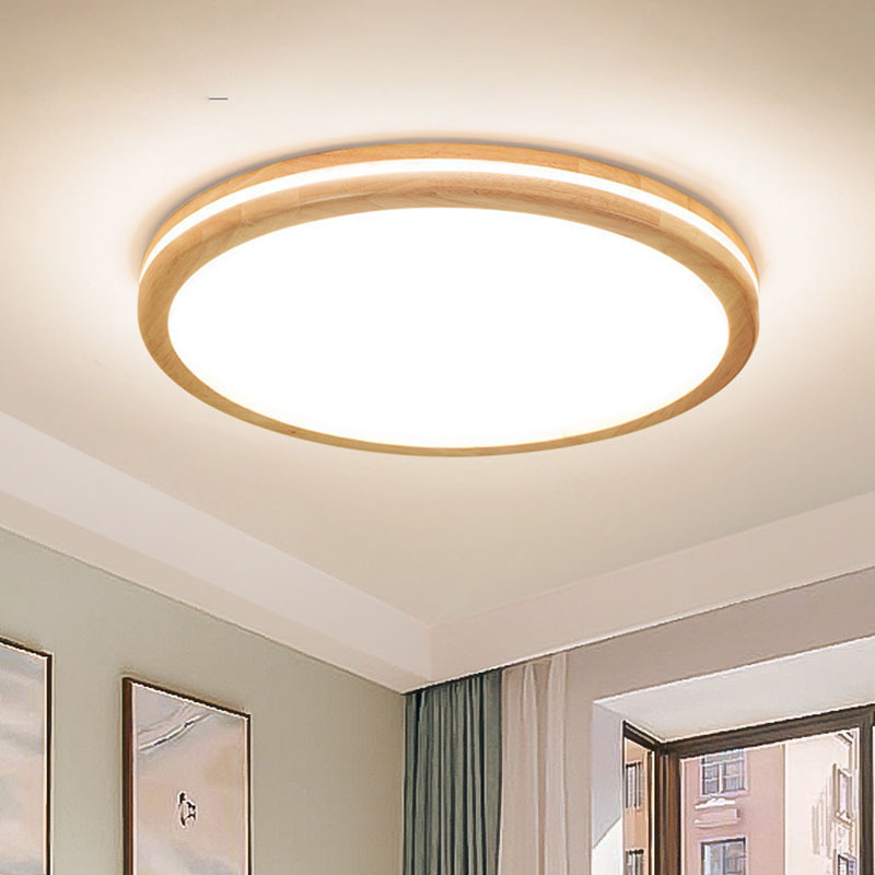 北欧实木客厅灯简约圆形室内灯吸顶灯原木led可调光书房间卧室灯