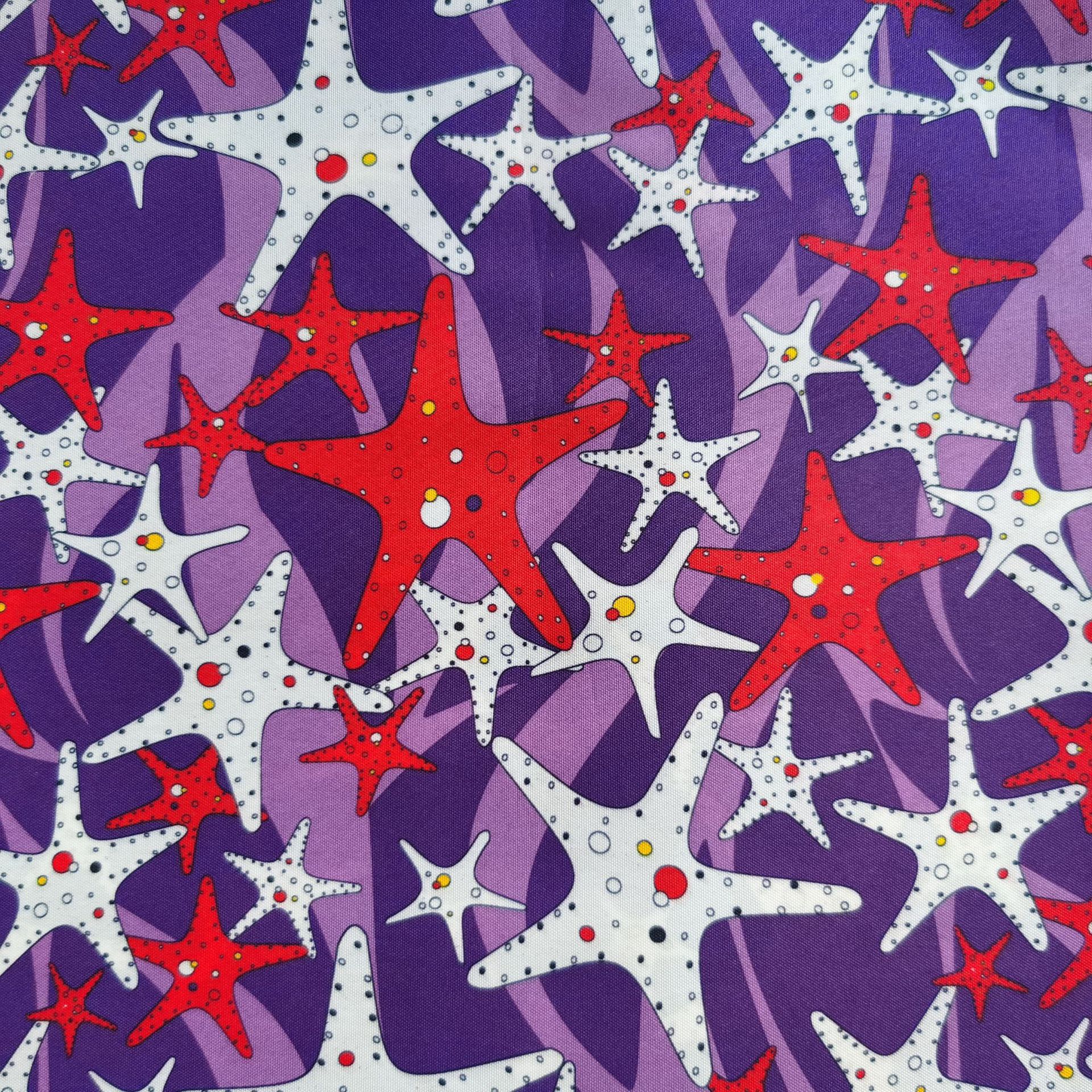 全涤涤纶桃皮绒 宽窄幅平斜纹 磨毛转移纸印花面料 紫色海星图案