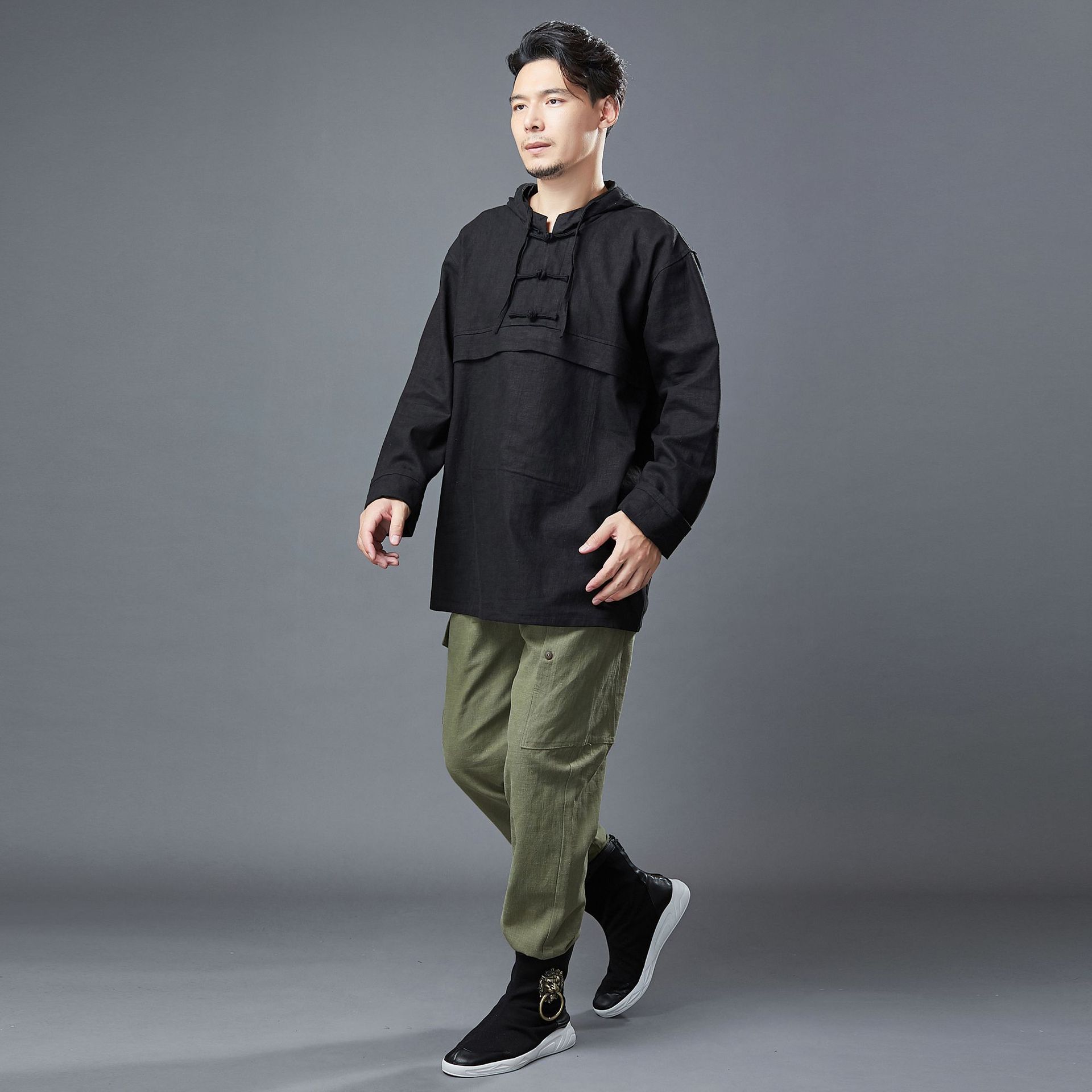 2020秋季新款布衣中国风 叁和 苎麻纯色男式卫衣宽松带帽休闲款
