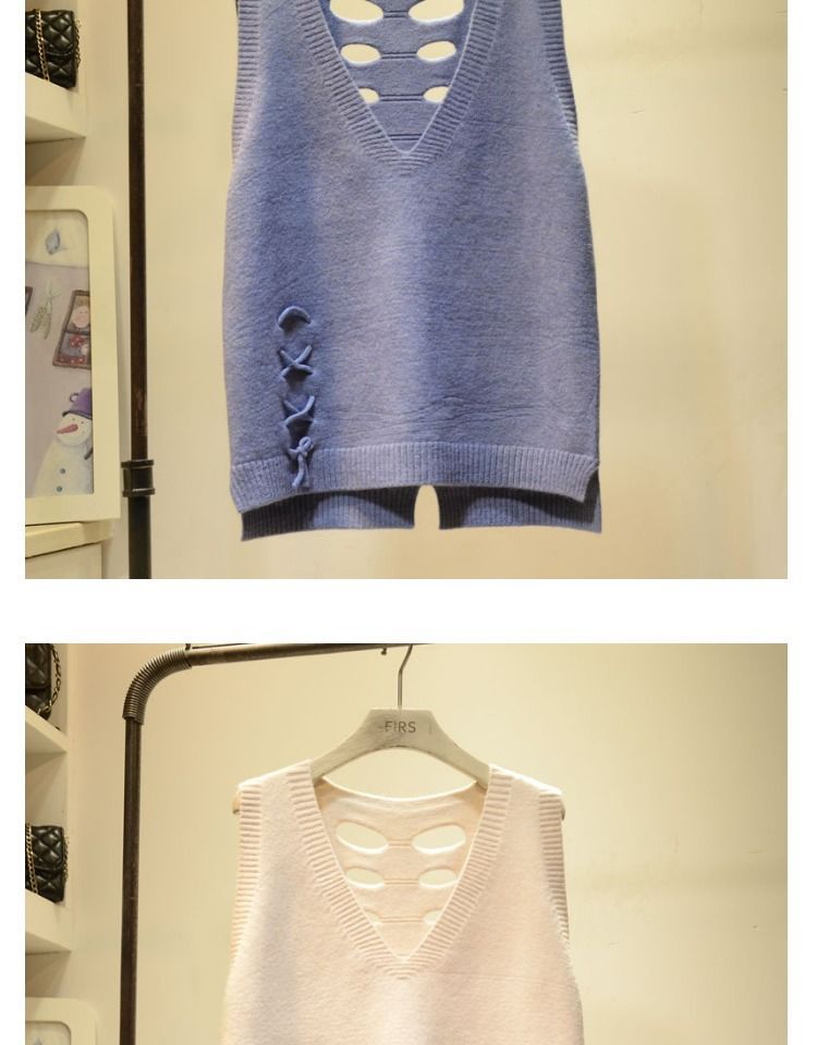 包芯纱春秋宽松百搭纯色针织马甲女后背镂空绑带毛衣背心坎肩外穿