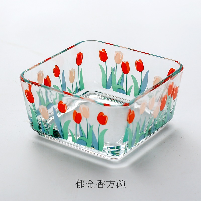 Korean Ins Style Daisy Flower Glass Bowl Square Bowl Snack Bowl Snack Snack Bowl Tulip Flower Salad Bowl