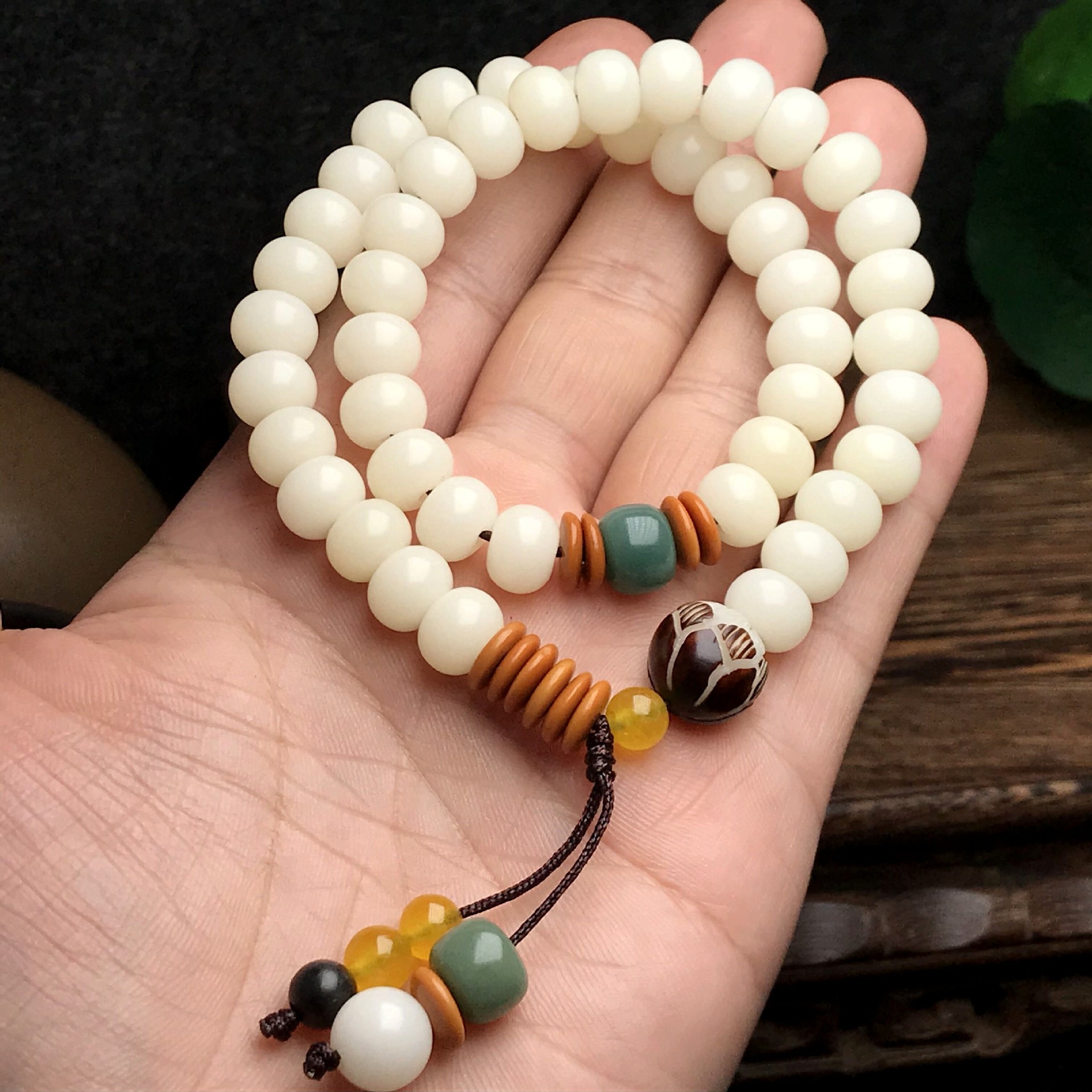 原创天然白玉菩提根两圈手串女民族风莲花菩提隔珠学生小清新手链