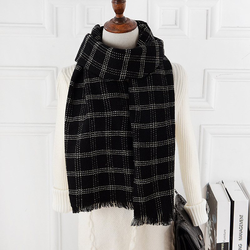 Korean Ins Style Soft Cashmere Plaid Scarf for Women Autumn and Winter All-Matching Black and White Warm Scarf Talma