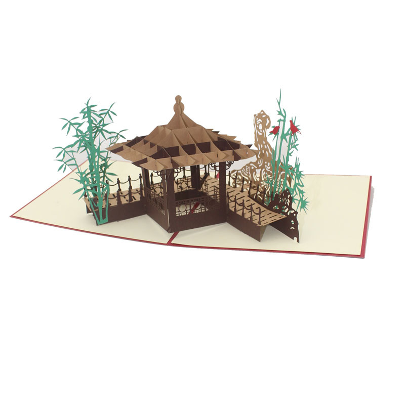 竹林亭子创意3d立体贺卡剪纸手工制作定制商务祝福语节日旅游景点