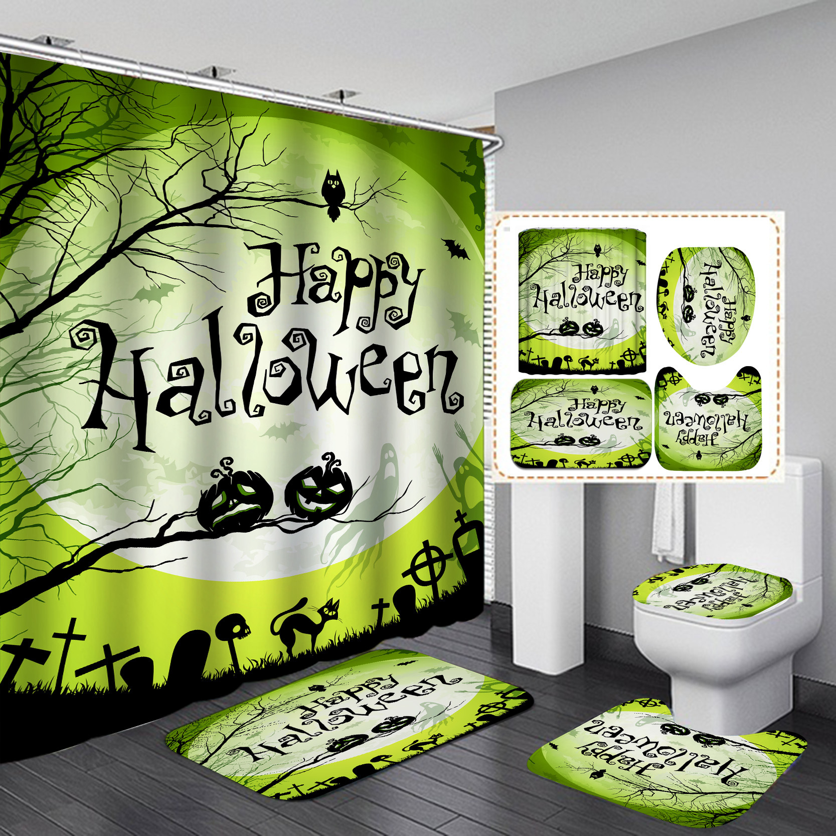 Cross-Border Hot Digital Printing Waterproof Polyester Halloween Bathroom Partition Shower Curtain Factory Direct Supply Shower Curtain Wholesale