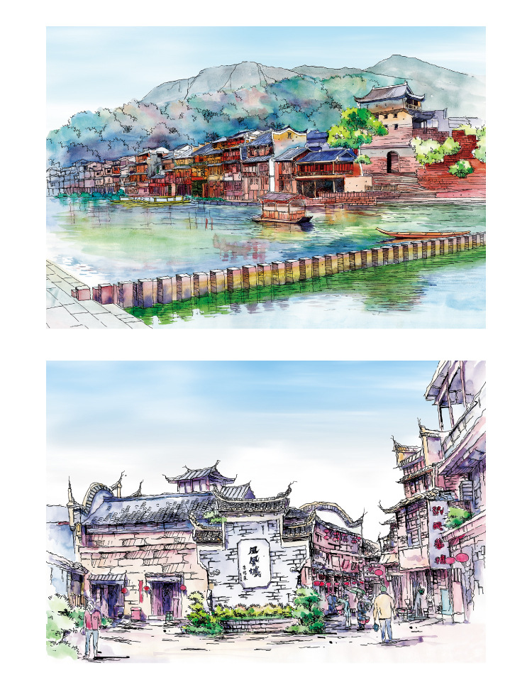 书境文创手绘湘西凤凰明信片旅行文创特色纪念品礼品吊脚楼沱江