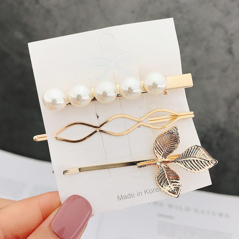 Korean Retro Metal Heart Pearl Barrettes Set Japanese Geometric Alloy Hair Clip Side Clip Women's Stall Supply