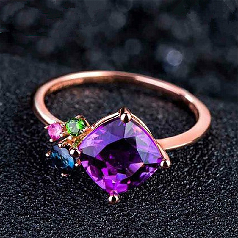 日韩版创意紫水晶紫钻石彩宝多色戒指批发开口森系文艺彩钻戒指女