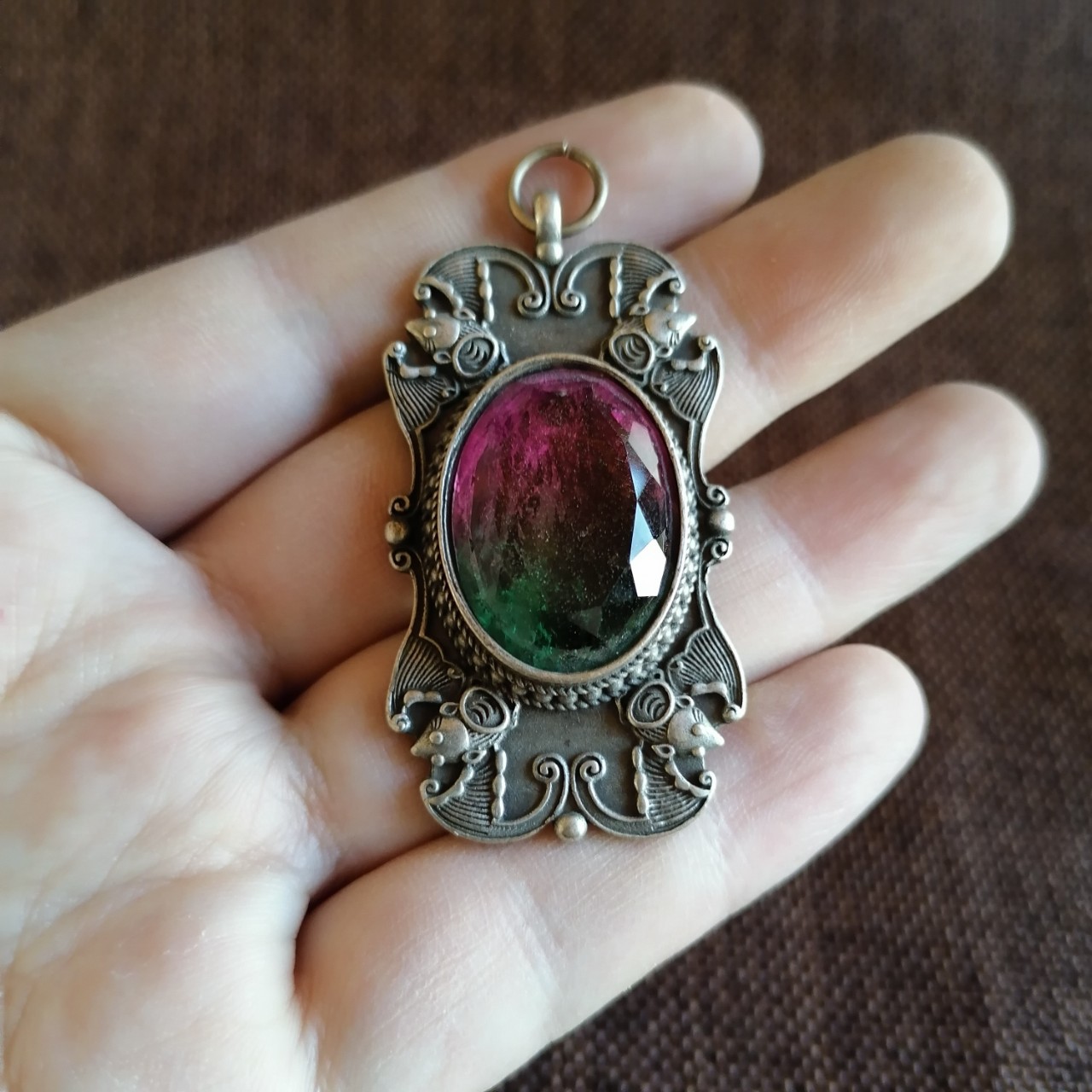 古玩古董旧藏雕工老银镶嵌双色碧玺吊坠多彩挂件项链水晶吊坠收藏