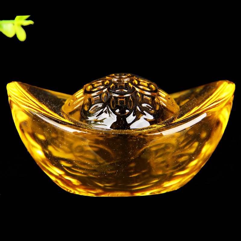 黄水晶元宝摆件 铜钱金钱图案款供奉财神爷家居装饰元宝