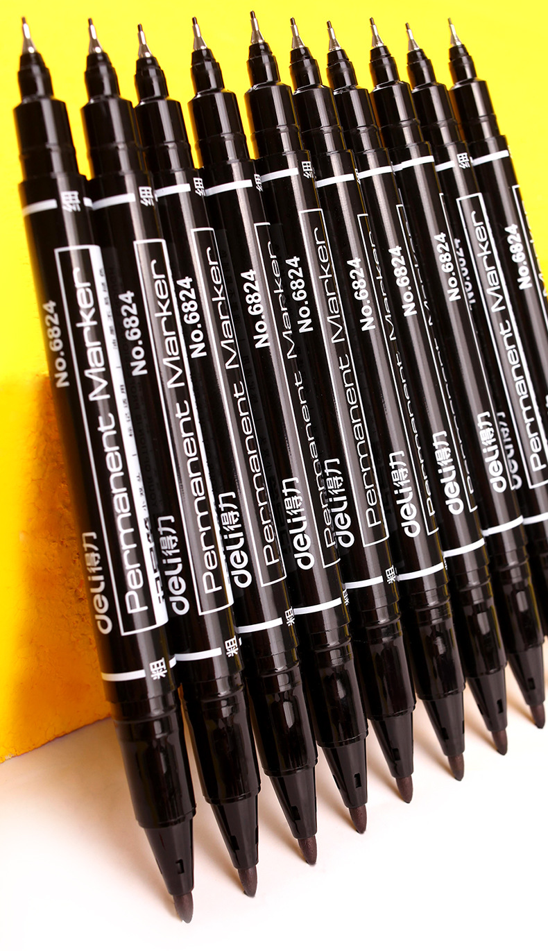 得力6824油性大小双头记号笔绘画粗细头黑色标记笔油性勾线勾边笔