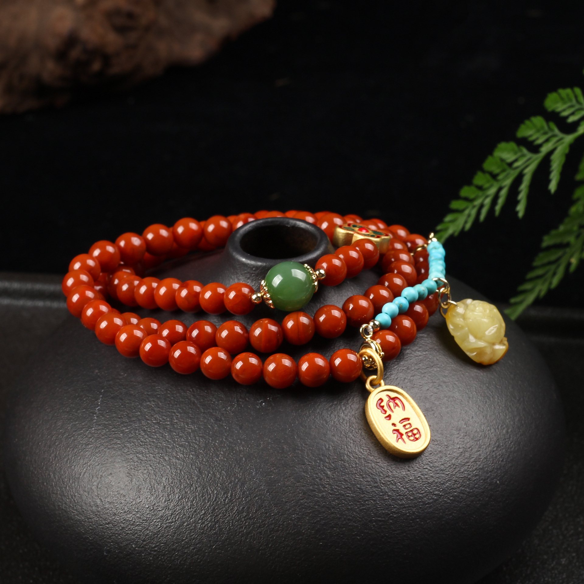 川料满肉柿子红南红三圈手链满肉柿子红搭配碧玉蜜蜡原创手串