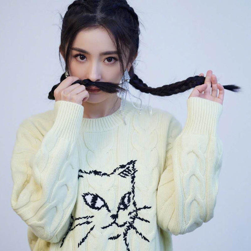 杨幂同款可爱猫咪绣花毛衣女2020秋冬麻花编织针织衫百搭圆领上衣