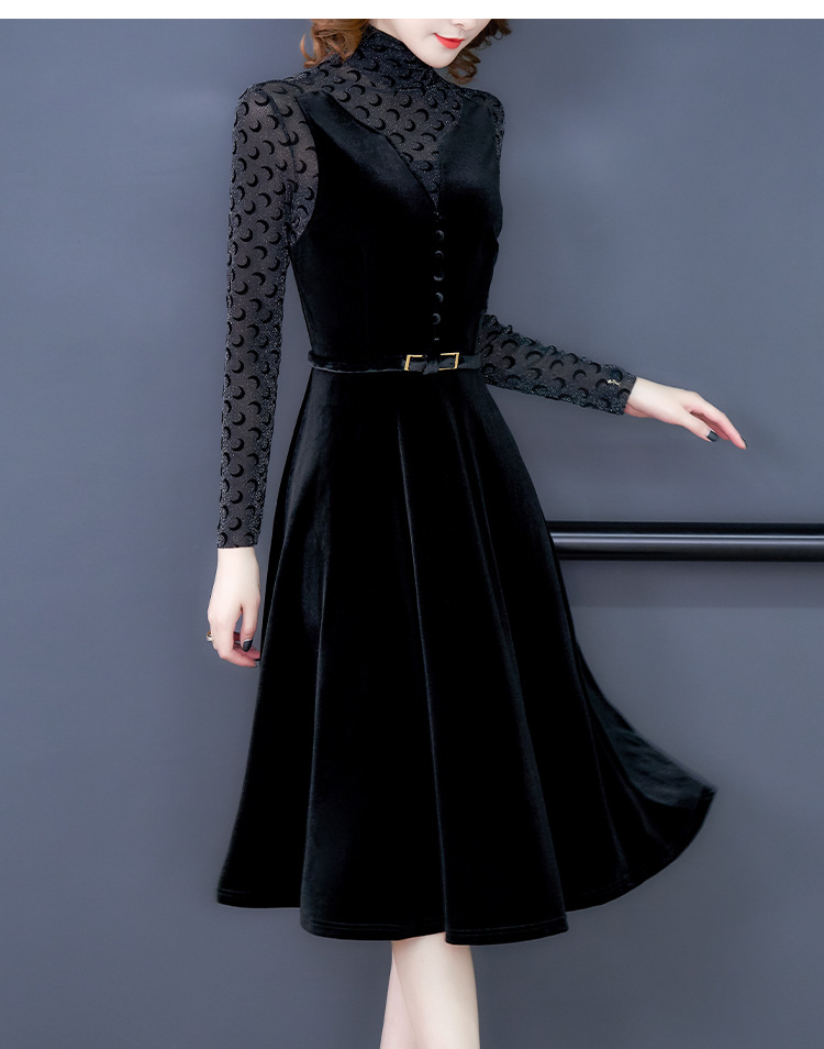 2020黑色丝绒连衣裙女长袖秋季高领收腰显瘦中长款打底a字裙子
