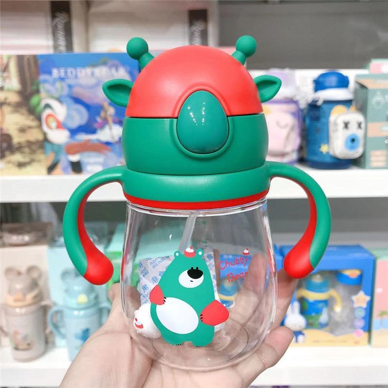 春季新款小萌鹿宝宝吸管杯tritan带手柄婴幼儿吸水杯