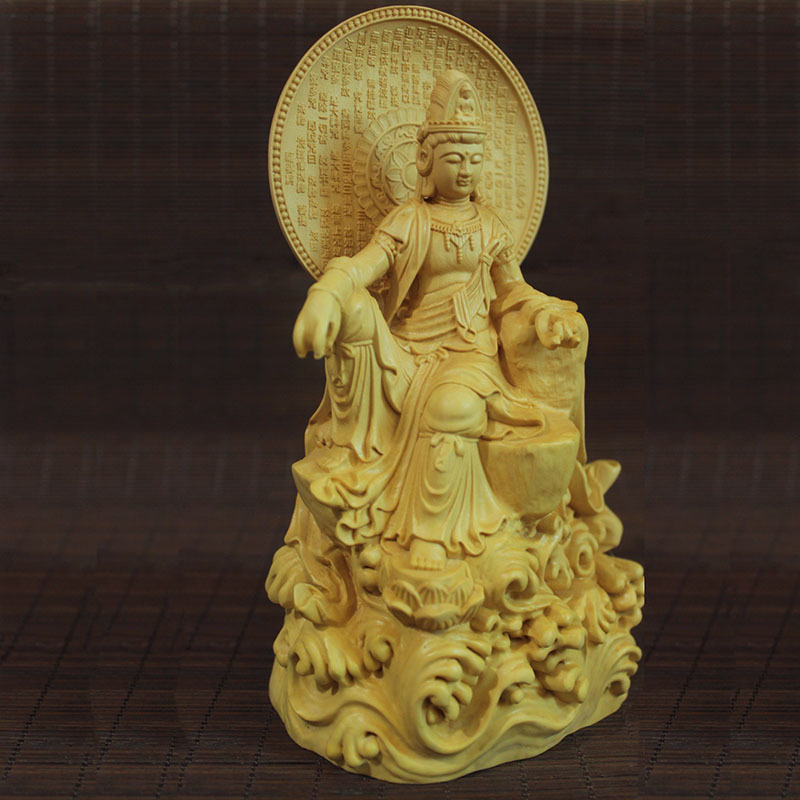 小叶黄杨木雕自在观世音菩萨家居工艺品佛像摆件背刻心经一件代发