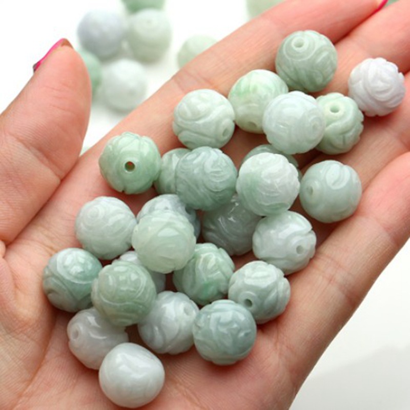 玉石天然翡翠a货散珠diy玉手串珠玉石配件13mm雕花龙珠玉珠玉手链