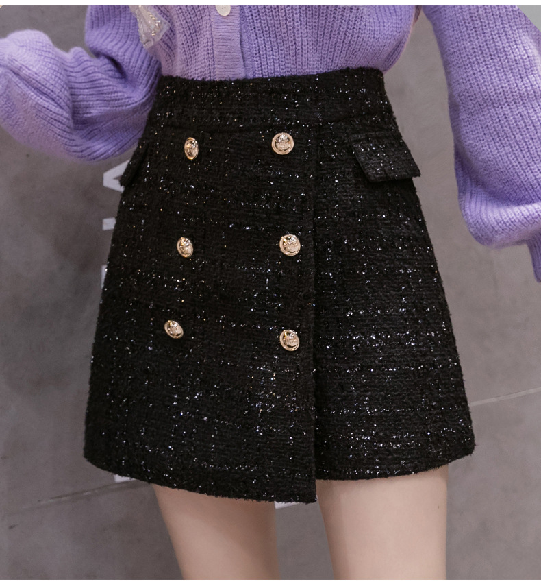 2020新款秋冬时尚银丝面料a字裙包臀裙不规则高腰裤裙百搭显瘦